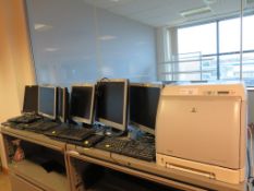 2 X GREY METAL FILING UNITS, HP PRINTER, FLATSCREEN MONITORS AND KEYBOARDS