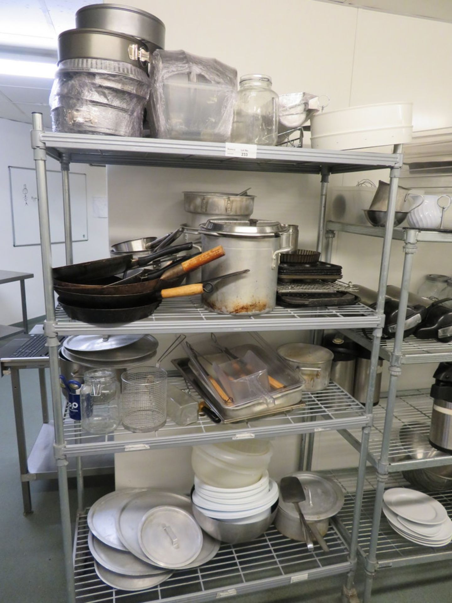 2 X KITCHEN STORAGE RACKS AND QTY OF ASSORTED KITCHEN PANS, UTENSILS ETC