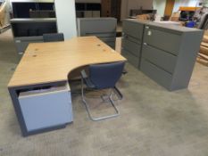 2 X LIGHTWOOD EFFECT L-SHAPED DESKS, 2 X ARMCHAIRS AND 4 X GREY METAL