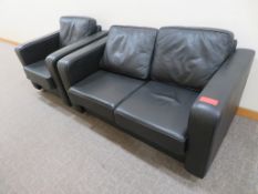 BLACK LEATHER EFFECT TWO SEATER SOFA AND MATCHING ARMCHAIR