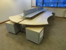 4 X LIGHTWOOD EFFECT OFFICE DESKS, 4 X PEDESTALS AND 2 X DESK DIVIDERS