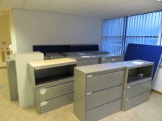 12 X GREY METAL FILING UNITS, FOUR DRAWER FILING CABINET AND QTY OF