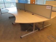 4 X LIGHTWOOD EFFECT CURVED FRONT OFFICE DESKS AND 2 X DESK DIVIDERS