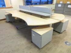 4 X LIGHTWOOD EFFECT OFFICE DESKS, 4 X PEDESTALS AND 2 X DESK DIVIDERS