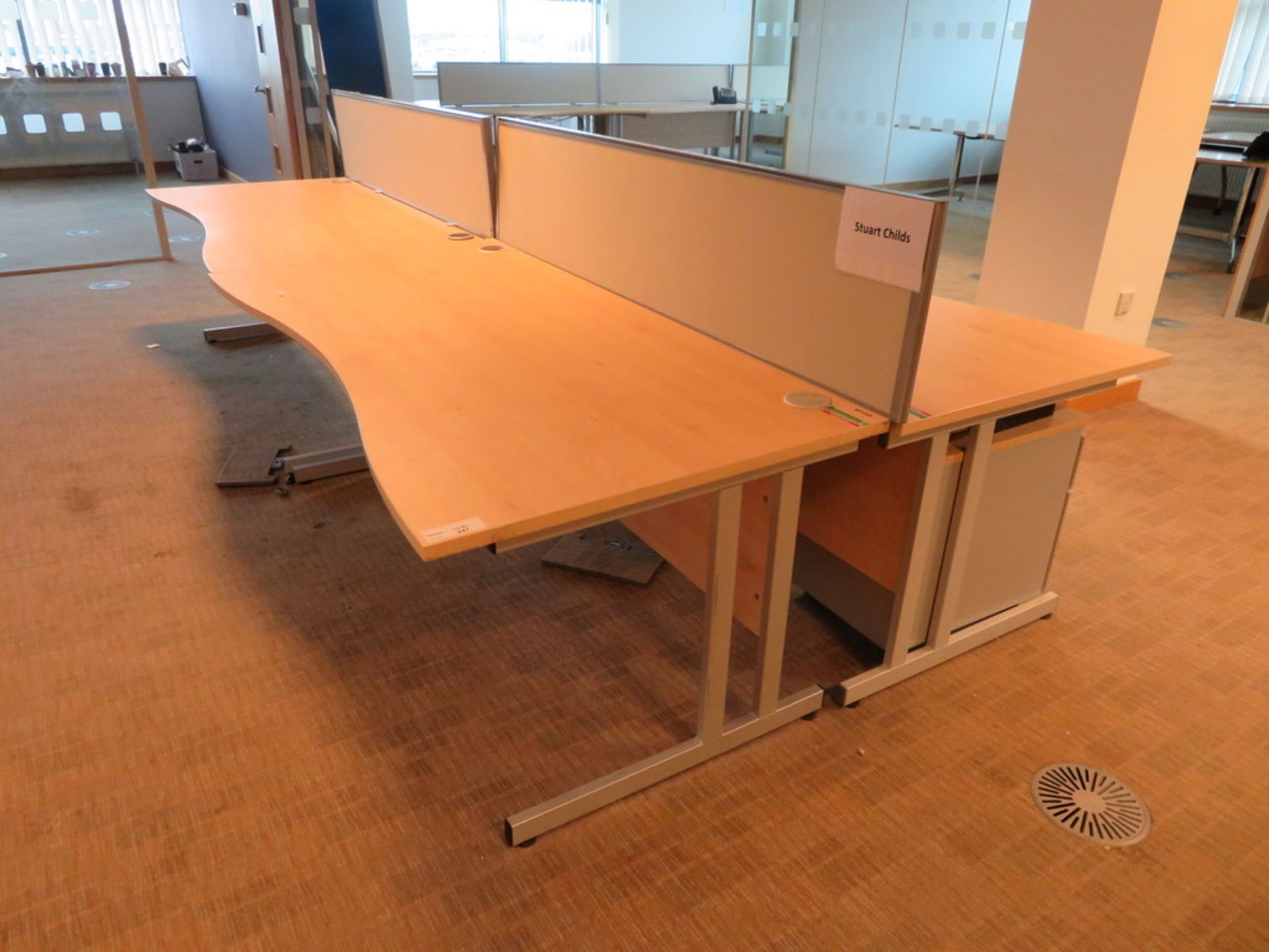 3 X LIGHTWOOD EFFECT CURVED-FRONT OFFICE DESK C/W 2 X DESK DIVIDERS AND