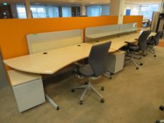 3 X LIGHTWOOD EFFECT CURVED FRONT OFFICE DESKS WITH DIVIDERS, 3 X SWIVEL