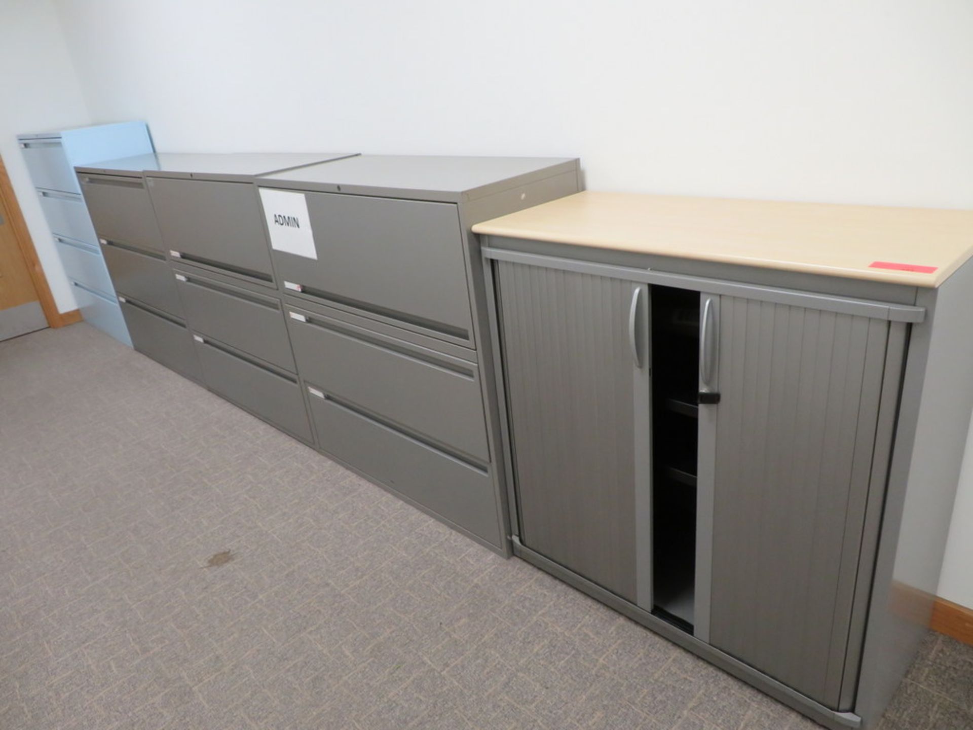 TAMBOUR FRONT STATIONERY CABINET AND 4 X METAL FILING UNITS