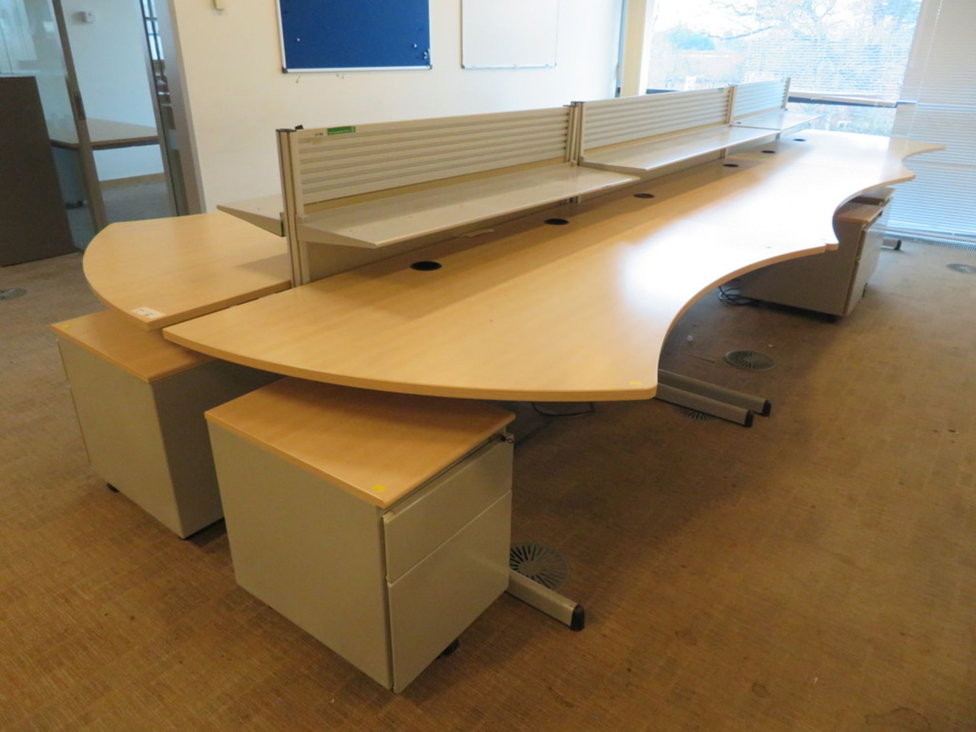 6 X LIGHTWOOD EFFECT CURVED FRONT OFFICE DESKS WITH DIVIDERS AND