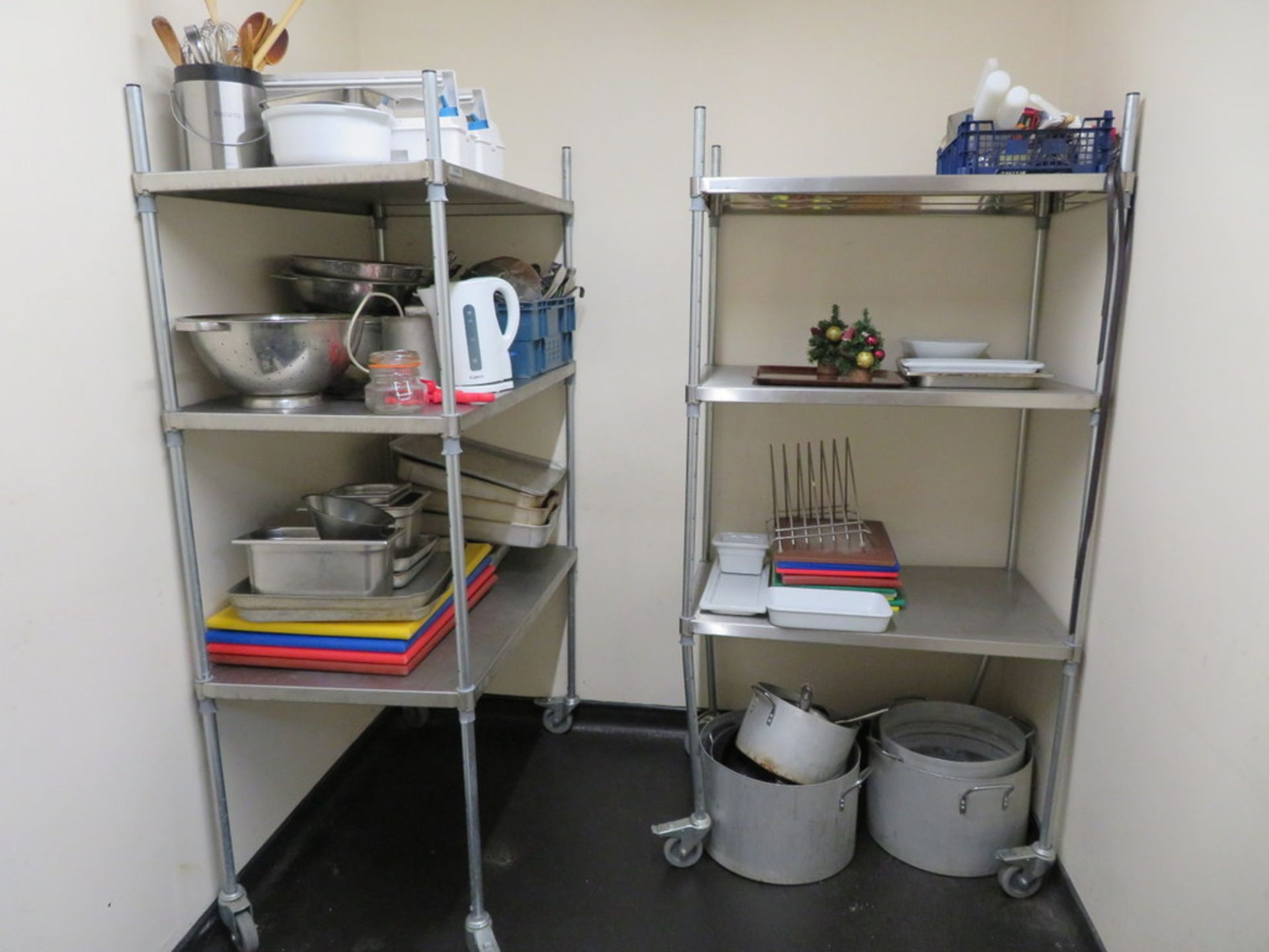 CONTENTS OF THE KITCHEN STORE INCLUDING 2 X STAINLESS STEEL RACKS,