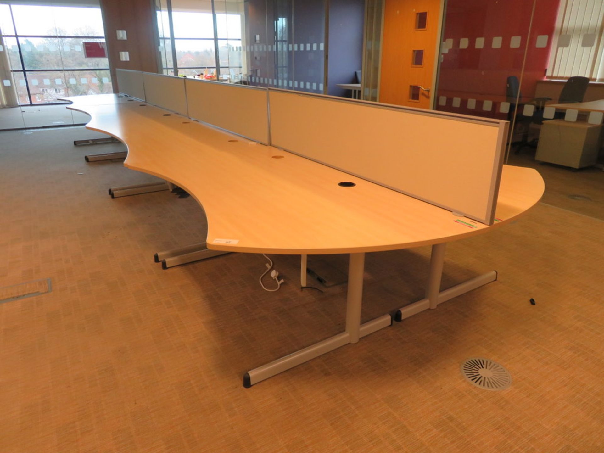 8 X LIGHTWOOD EFFECT CURVED FRONT OFFICE DESKS AND 4 X DESK DIVIDERS