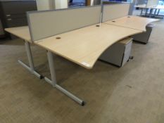 4 X LIGHTWOOD EFFECT CURVED FRONT OFFICE DESKS, 3 X PEDESTALS