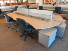 4 X LIGHTWOOD EFFECT CURVED FRONT OFFICE DESKS WITH DIVIDERS, 4 X SWIVEL