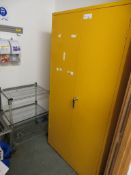 YELLOW METAL STORAGE CABINET, 7 X TWO DOOR LOCKERS AND WIRE METAL THREE TIER SHELF UNIT