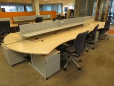 6 X LIGHTWOOD EFFECT CURVED FRONT OFFICE DESKS WITH DIVIDERS, 6 X SWIVEL