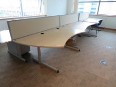 6 X LIGHTWOOD EFFECT CURVED-FRONT OFFICE DESKS C/W 3 X DESK DIVIDERS