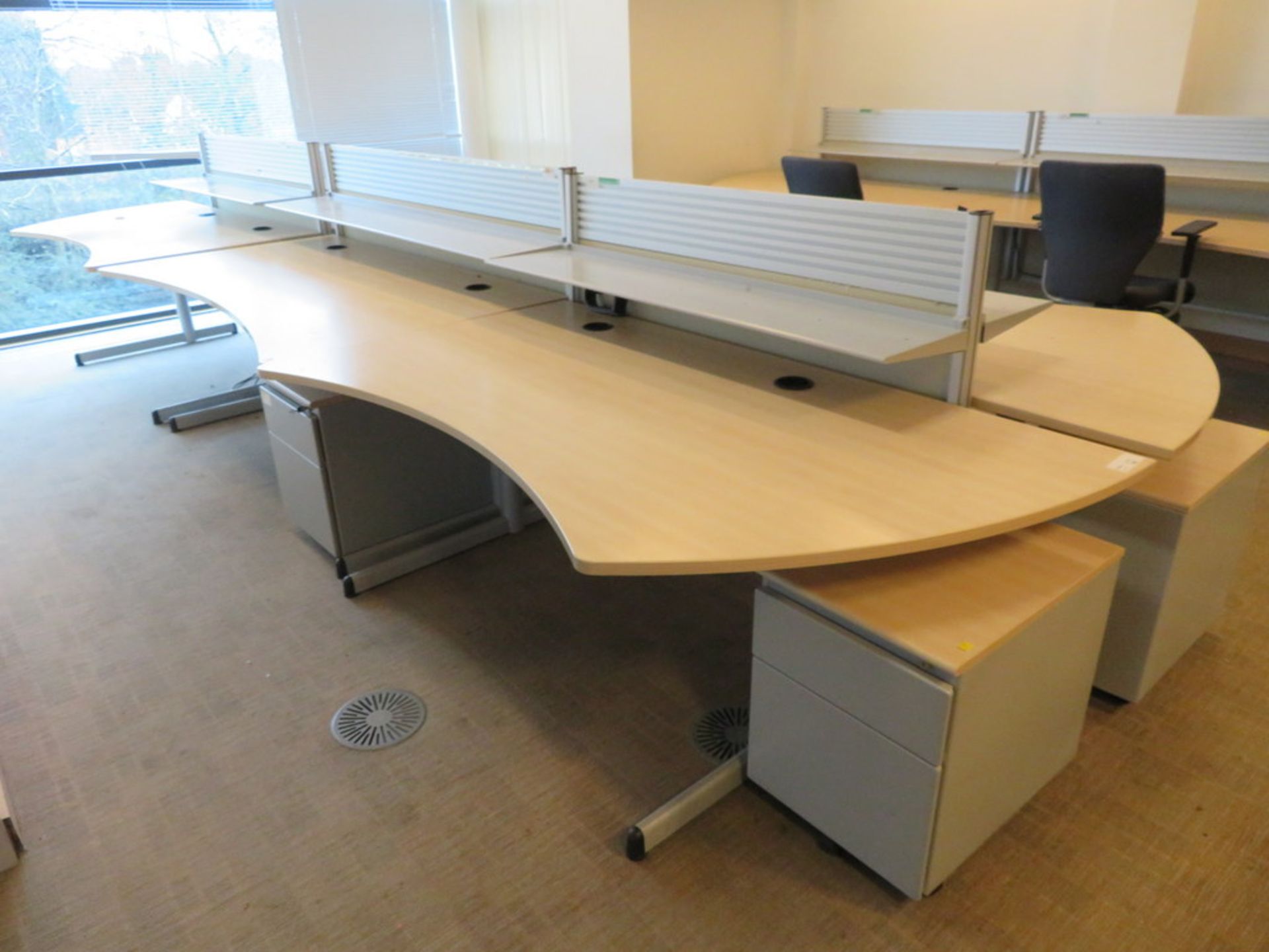 6 X LIGHTWOOD EFFECT CURVED FRONT OFFICE DESKS WITH DIVIDERS AND - Image 2 of 2