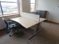 2 X LIGHTWOOD EFFECT CURVED FRONT OFFICE DESKS, 2 X SWIVEL CHAIRS,