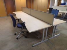 4 X LIGHTWOOD EFFECT CURVED FRONT OFFICE DESKS, 4 X SWIVEL CHAIRS