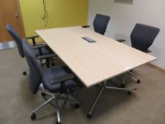 LARGE LIGHTWOOD EFFECT OFFICE TABLE WITH CENTRAL POWER POINT AND 4
