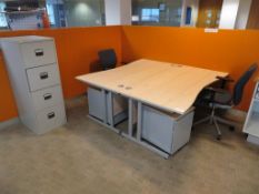 2 X LIGHTWOOD EFFECT CURVED FRONT OFFICE DESKS, 2 X PEDESTALS, 2 X SWIVEL