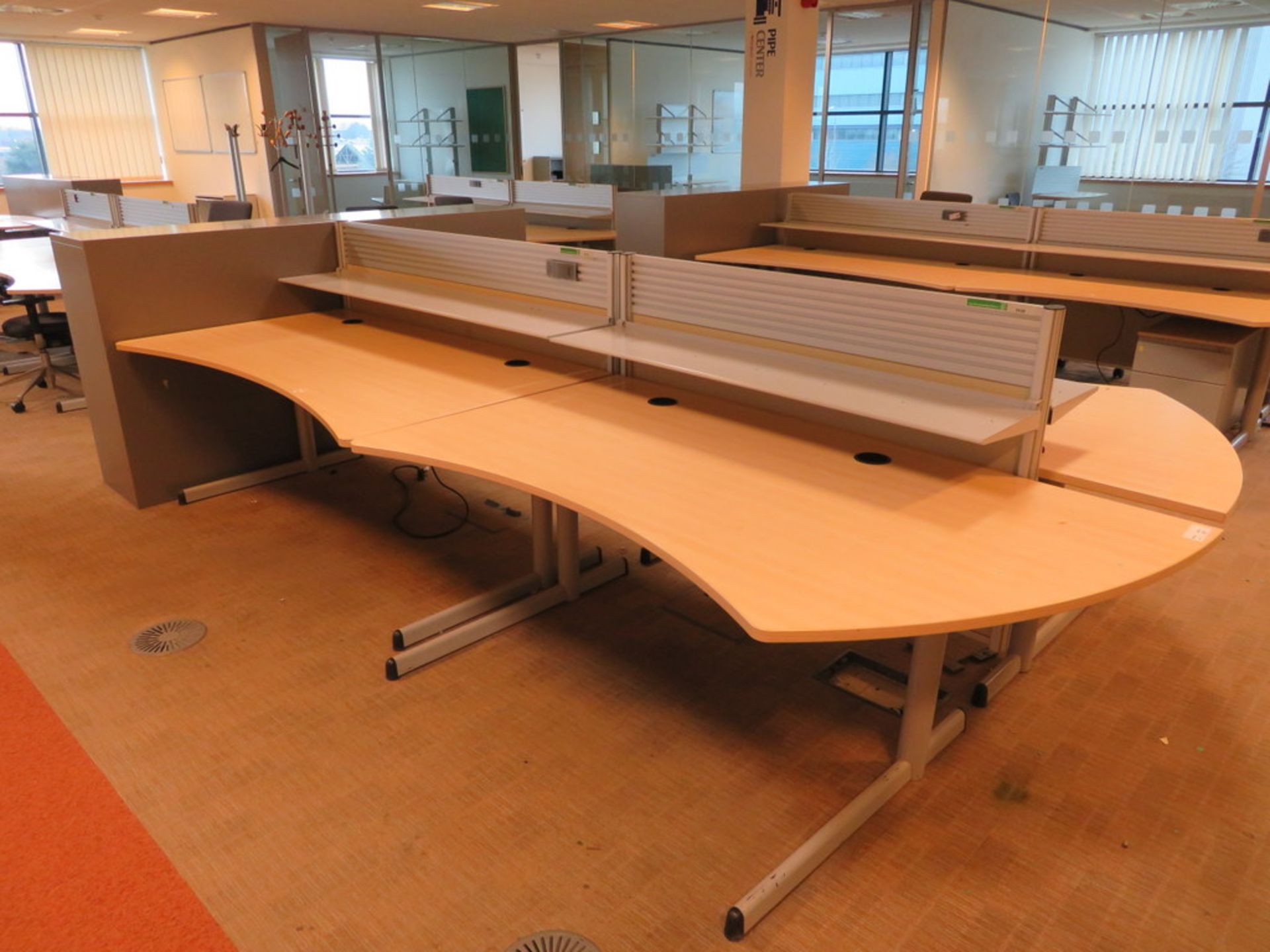 3 X LIGHTWOOD EFFECT CURVED FRONT OFFICE DESKS WITH DIVIDERS AND