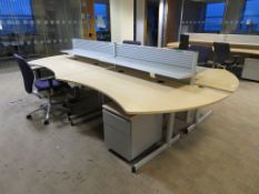 4 X LIGHTWOOD EFFECT OFFICE DESKS, 4 X SWIVEL CHAIRS, 4 X PEDESTALS AND