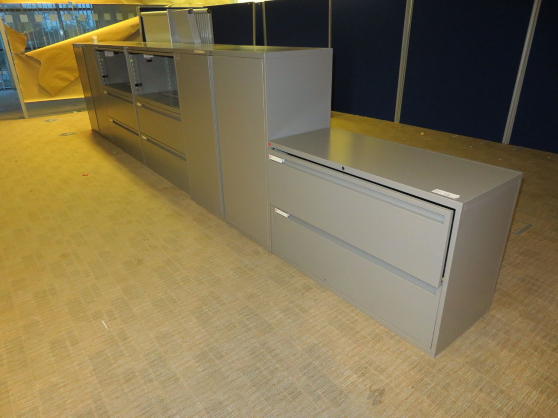2 X GREY METAL STATIONERY CABINETS AND 3 X FILING UNITS