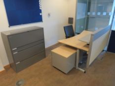 2 X LIGHTWOOD EFFECT CURVED FRONT OFFICE DESKS WITH DIVIDERS,