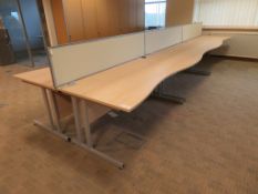 6 X LIGHTWOOD EFFECT CURVED FRONT OFFICE DESKS AND 3 X DESK DIVIDERS