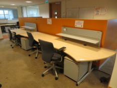 3 X LIGHTWOOD EFFECT CURVED FRONT OFFICE DESKS WITH DIVIDERS, 3 X SWIVEL