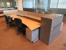5 X LIGHTWOOD EFFECT CURVED FRONT OFFICE DESKS WITH DIVIDERS, 3 X SWIVEL