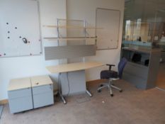 GREY METAL FILING UNIT, LIGHTWOOD EFFECT OFFICE TABLE,