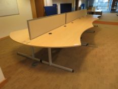 6 X LIGHTWOOD EFFECT CURVED FRONT OFFICE DESKS, 2 X PEDESTALS