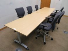 2 X LIGHTWOOD EFFECT RECTANGULAR OFFICE TABLES AND 6 X SWIVEL ARMCHAIRS