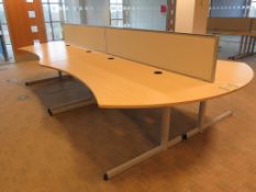 4 X LIGHTWOOD EFFECT CURVED FRONT OFFICE DESKS AND 2 X DESK DIVIDERS