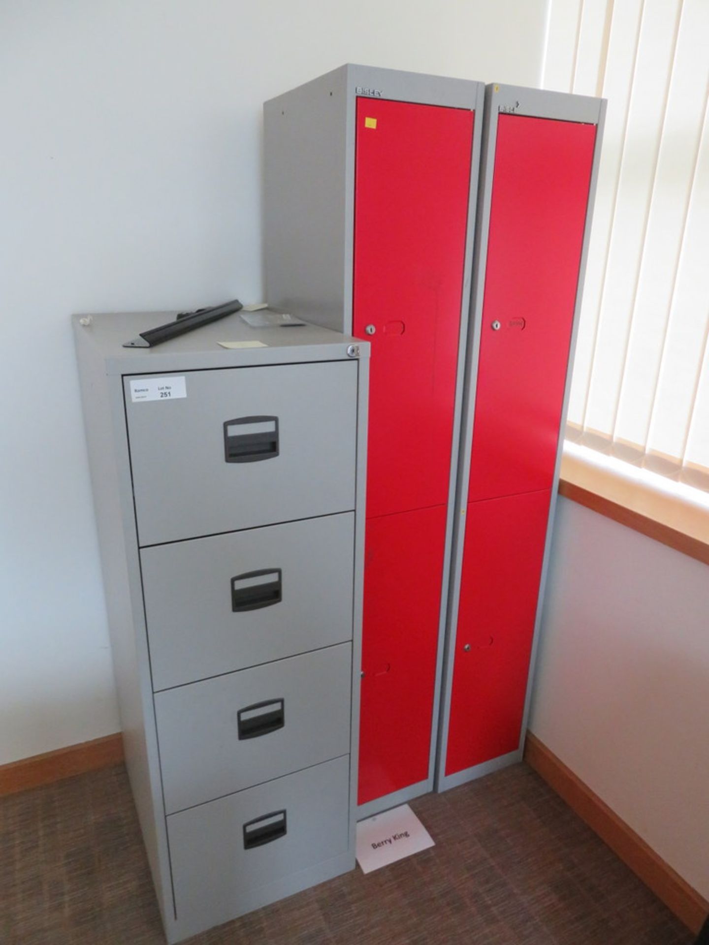 2 X TWO DOOR LOCKERS AND GREY METAL FOUR DRAWER FILING CABINET