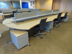 6 X LIGHTWOOD EFFECT CURVED FRONT OFFICE DESKS WITH DIVIDERS, 6 X SWIVEL