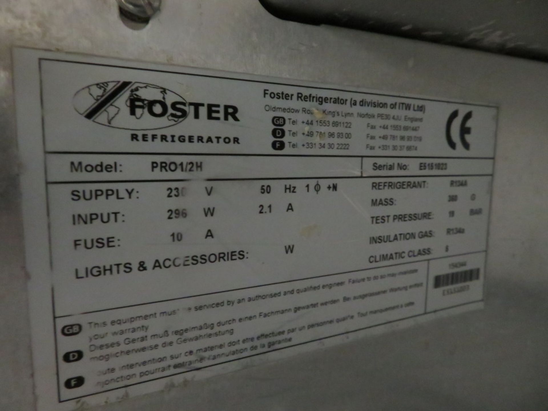 FOSTER MODEL PRO 1/2H TWO DOOR UNDERCOUNTER REFRIGERATOR; - Image 3 of 3