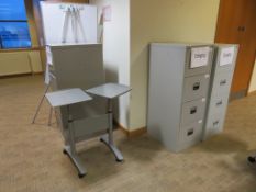 3 X GREY METAL FOUR DRAWER FILING CABINETS, 2 X FLIPCHART STANDS AND