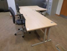 3 X LIGHTWOOD EFFECT CURVED FRONT OFFICE DESKS AND 3 X SWIVEL CHAIRS