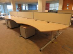 6 X LIGHTWOOD EFFECT CURVED FRONT OFFICE DESKS, 5 X PEDESTALS