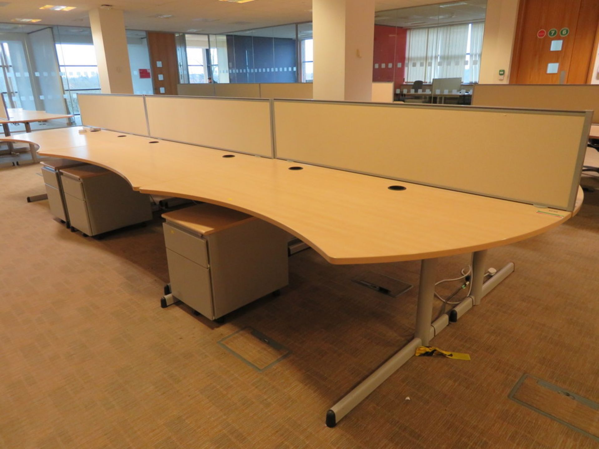 6 X LIGHTWOOD EFFECT CURVED FRONT OFFICE DESKS, 5 X PEDESTALS