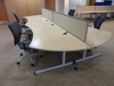 4 X LIGHTWOOD EFFECT CURVED FRONT OFFICE DESKS, 4 X SWIVEL CHAIRS