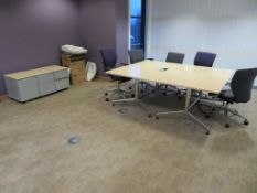 2 X LIGHTWOOD EFFECT OFFICE TABLES, 5 X SWIVEL CHAIRS, 3 X PEDESTAL