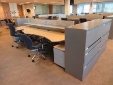 4 X LIGHTWOOD EFFECT CURVED FRONT OFFICE DESKS WITH DIVIDERS, 4 X SWIVEL