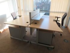2 X LIGHTWOOD EFFECT CURVED FRONT OFFICE DESKS WITH DIVIDER, 2 X SWIVEL
