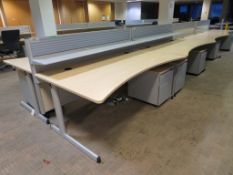 8 X LIGHTWOOD EFFECT OFFICE DESKS, 9 X PEDESTALS AND 4 X DESK DIVIDERS