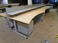 6 X LIGHTWOOD EFFECT OFFICE DESKS, 4 X PEDESTALS AND 3 X DESK DIVIDERS