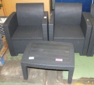 Gray Plastic Wicker Effect Table, 2x Gray Plastic Wicker Effect Chairs,