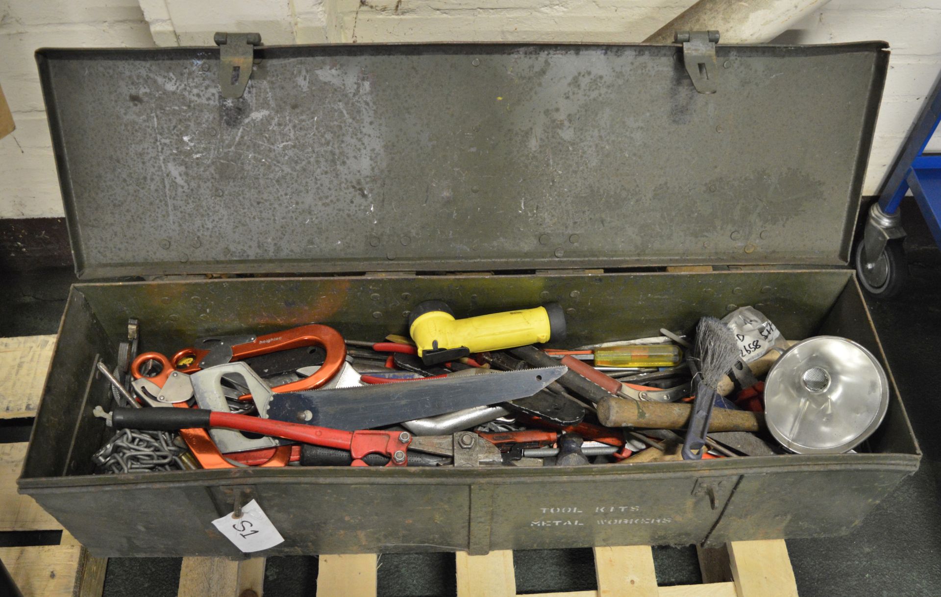 Toolbox with Saws, Hammers, Screwdrivers, Bolt Cutter, Pliers.